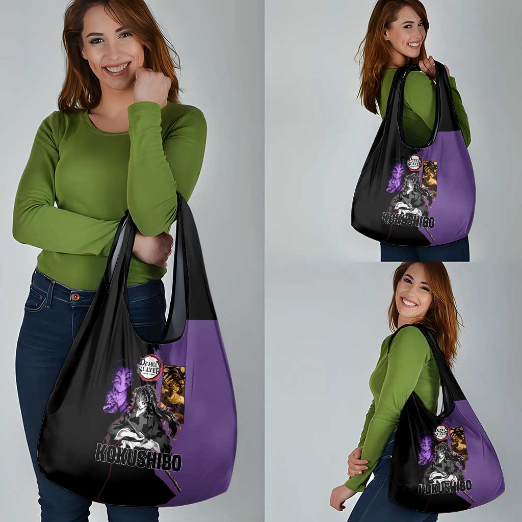 Kokushibo from Demon Slayer Grocery Bag with Purple and Black Split Background and Sword Draw Manga Style Design - The Mazicc