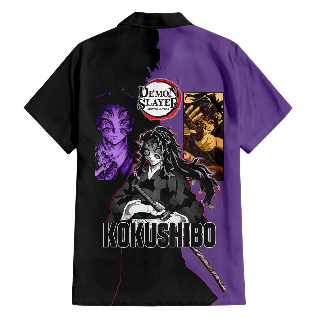 Kokushibo from Demon Slayer Hawaiian Shirt with Purple and Black Split Background and Sword Draw Manga Style Design - The Mazicc