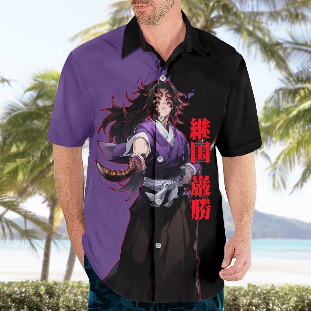 Kokushibo from Demon Slayer Hawaiian Shirt with Purple and Black Split Background and Sword Draw Manga Style Design - The Mazicc