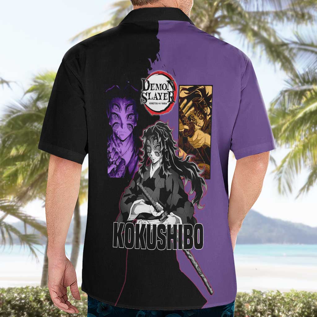 Kokushibo from Demon Slayer Hawaiian Shirt with Purple and Black Split Background and Sword Draw Manga Style Design - The Mazicc