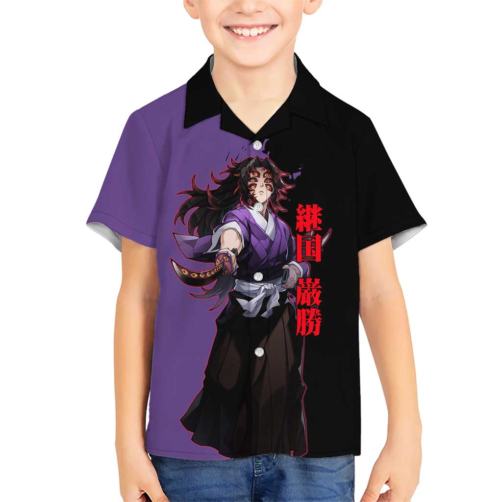 Kokushibo from Demon Slayer Hawaiian Shirt with Purple and Black Split Background and Sword Draw Manga Style Design - The Mazicc