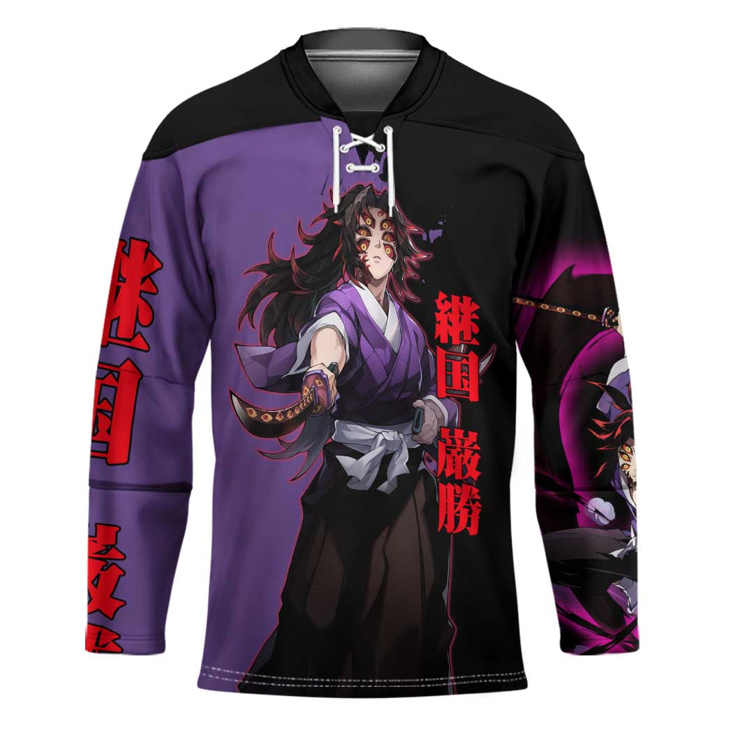 Kokushibo from Demon Slayer Hockey Jersey with Purple and Black Split Background and Sword Draw Manga Style Design - The Mazicc