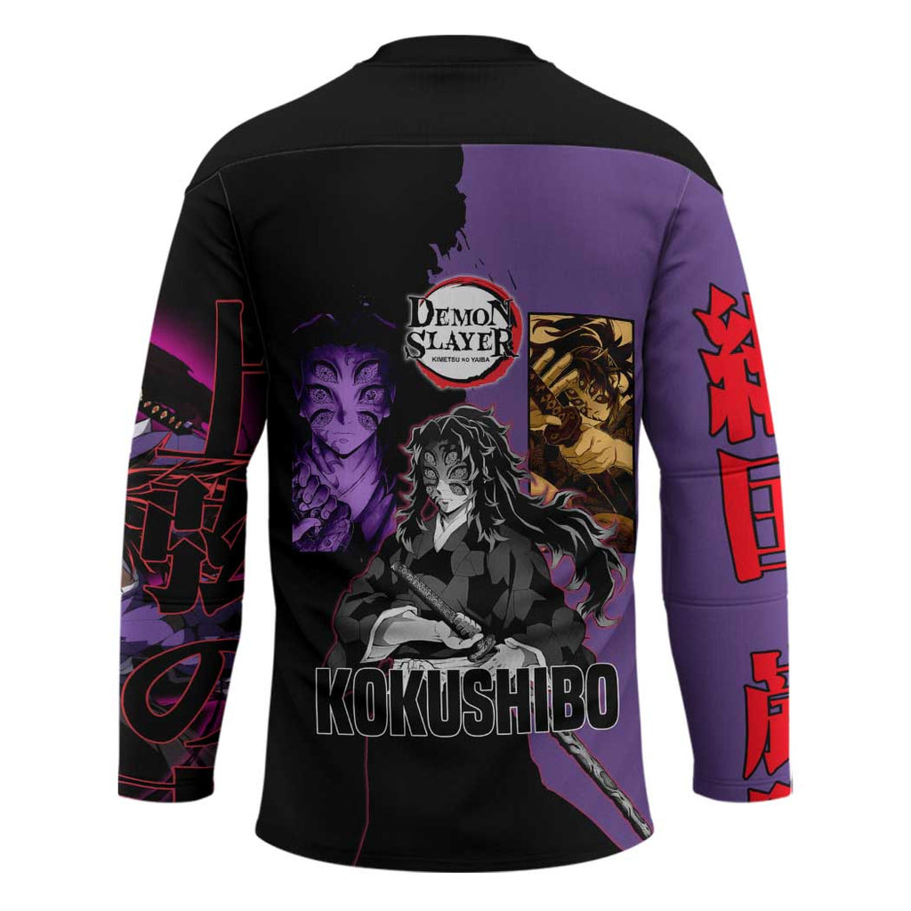 Kokushibo from Demon Slayer Hockey Jersey with Purple and Black Split Background and Sword Draw Manga Style Design - The Mazicc