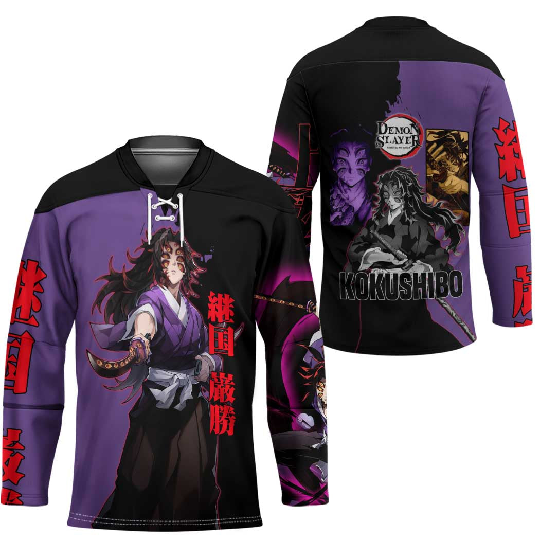 Kokushibo from Demon Slayer Hockey Jersey with Purple and Black Split Background and Sword Draw Manga Style Design - The Mazicc