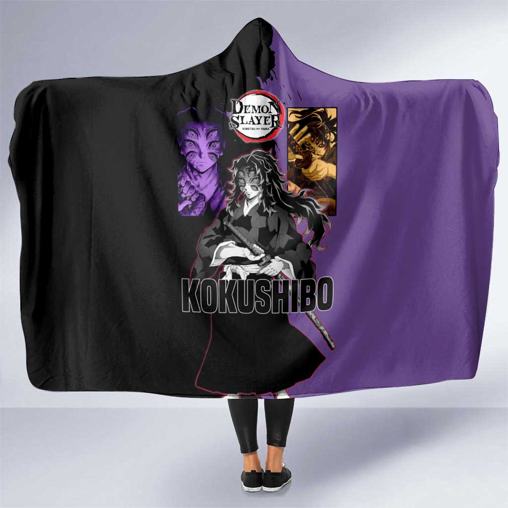 Kokushibo from Demon Slayer Hooded Blanket with Purple and Black Split Background and Sword Draw Manga Style Design - The Mazicc