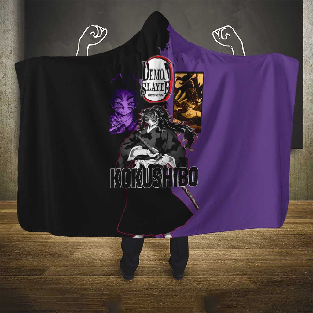 Kokushibo from Demon Slayer Hooded Blanket with Purple and Black Split Background and Sword Draw Manga Style Design - The Mazicc