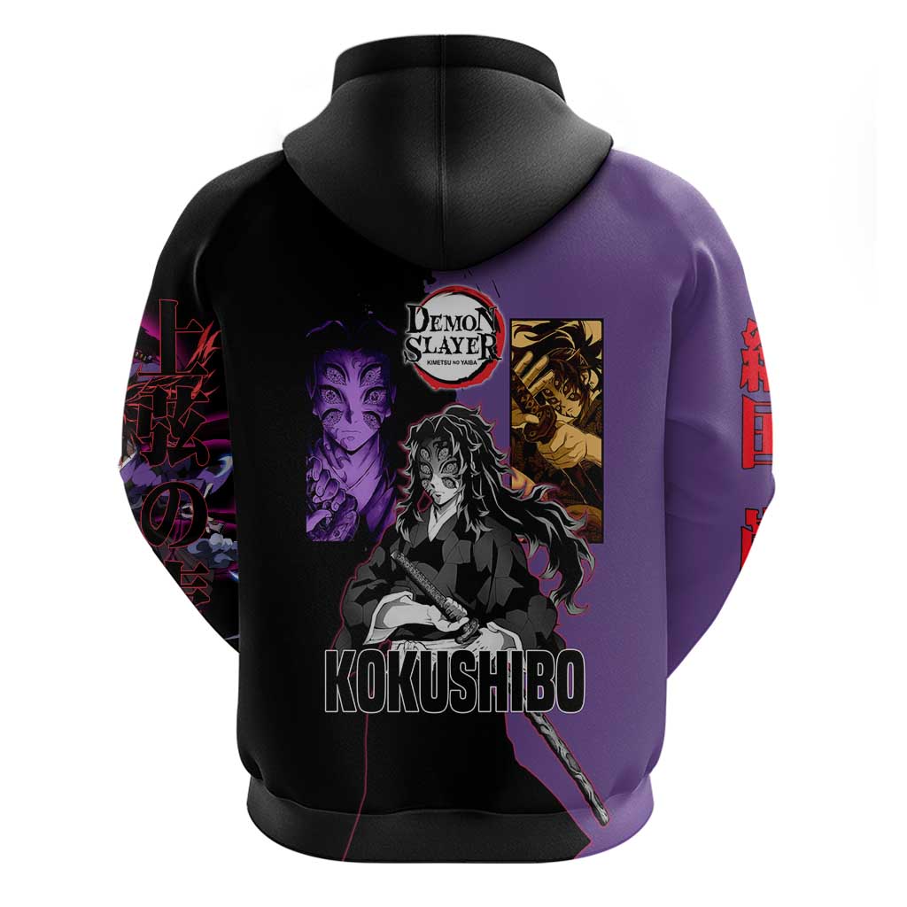 Kokushibo from Demon Slayer Hoodie with Purple and Black Split Background and Sword Draw Manga Style Design - The Mazicc
