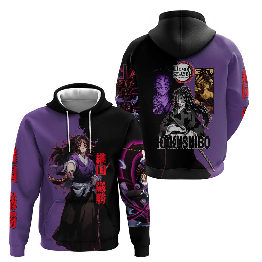Kokushibo from Demon Slayer Hoodie with Purple and Black Split Background and Sword Draw Manga Style Design - The Mazicc