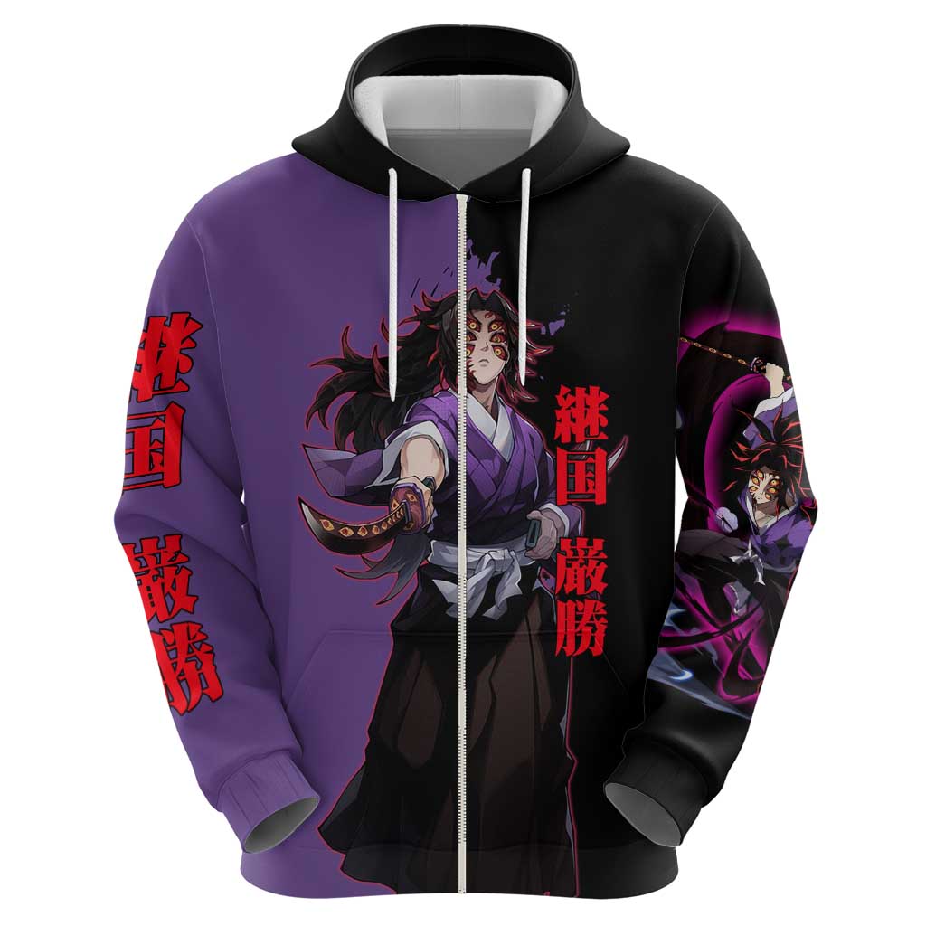 Kokushibo from Demon Slayer Hoodie with Purple and Black Split Background and Sword Draw Manga Style Design - The Mazicc