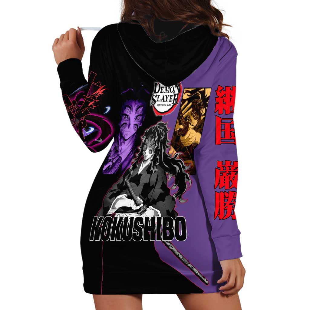 Kokushibo from Demon Slayer Hoodie Dress with Purple and Black Split Background and Sword Draw Manga Style Design - The Mazicc