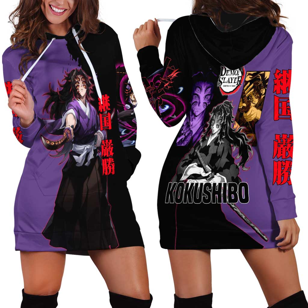 Kokushibo from Demon Slayer Hoodie Dress with Purple and Black Split Background and Sword Draw Manga Style Design - The Mazicc