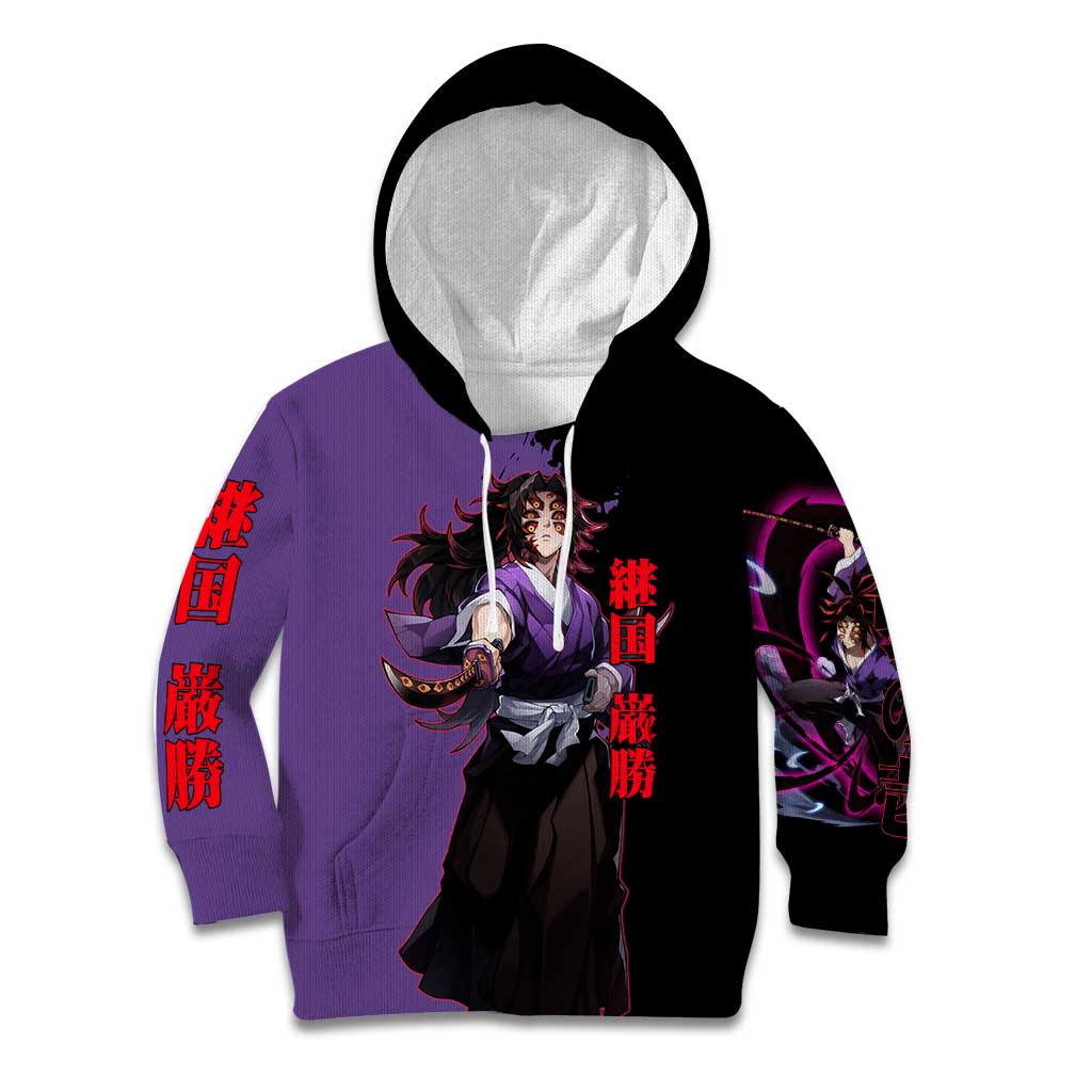 Kokushibo from Demon Slayer Kid Hoodie with Purple and Black Split Background and Sword Draw Manga Style Design - The Mazicc