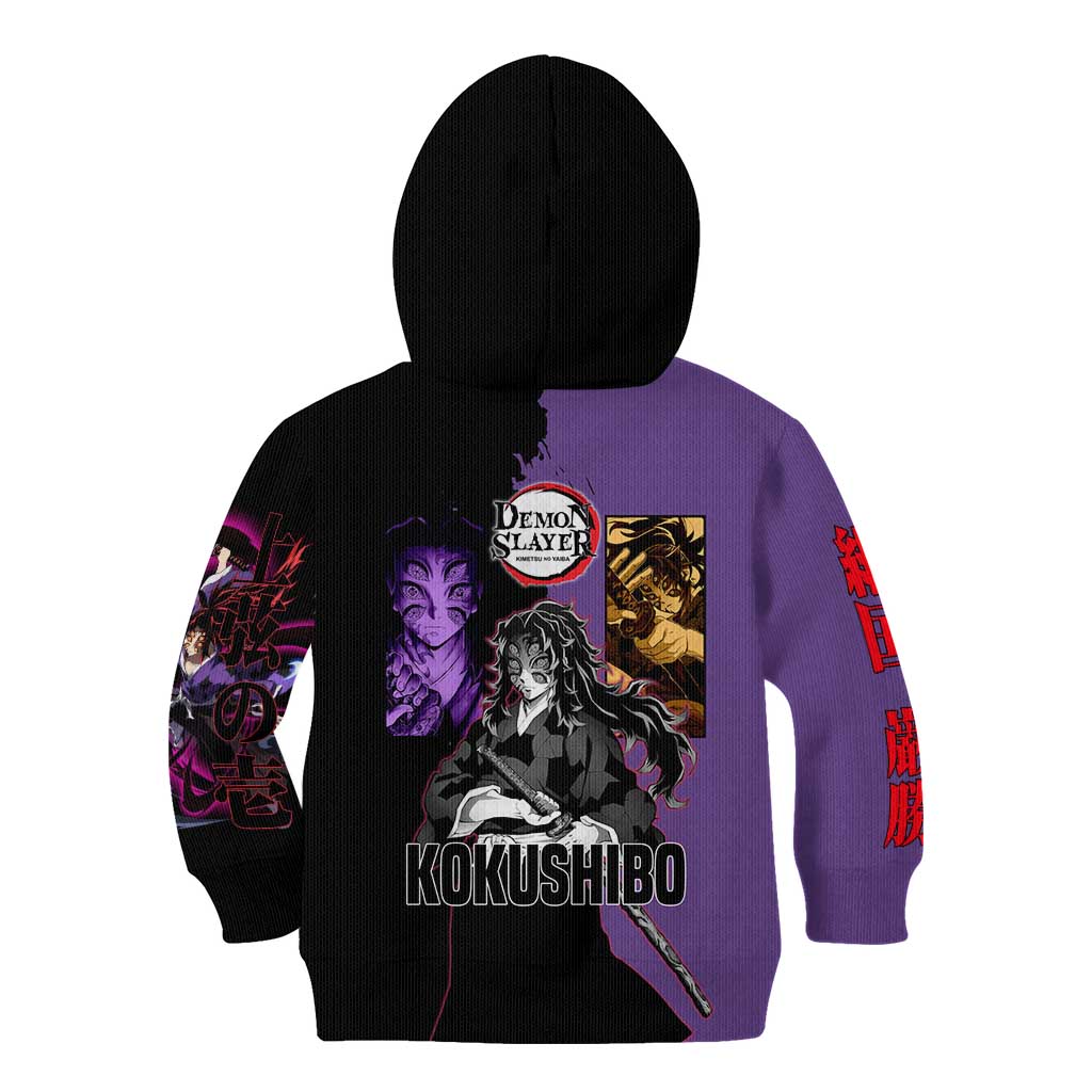 Kokushibo from Demon Slayer Kid Hoodie with Purple and Black Split Background and Sword Draw Manga Style Design - The Mazicc