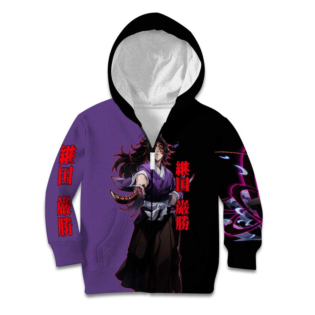 Kokushibo from Demon Slayer Kid Hoodie with Purple and Black Split Background and Sword Draw Manga Style Design - The Mazicc