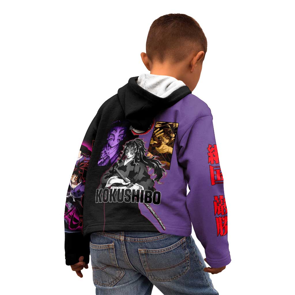 Kokushibo from Demon Slayer Kid Hoodie with Purple and Black Split Background and Sword Draw Manga Style Design - The Mazicc