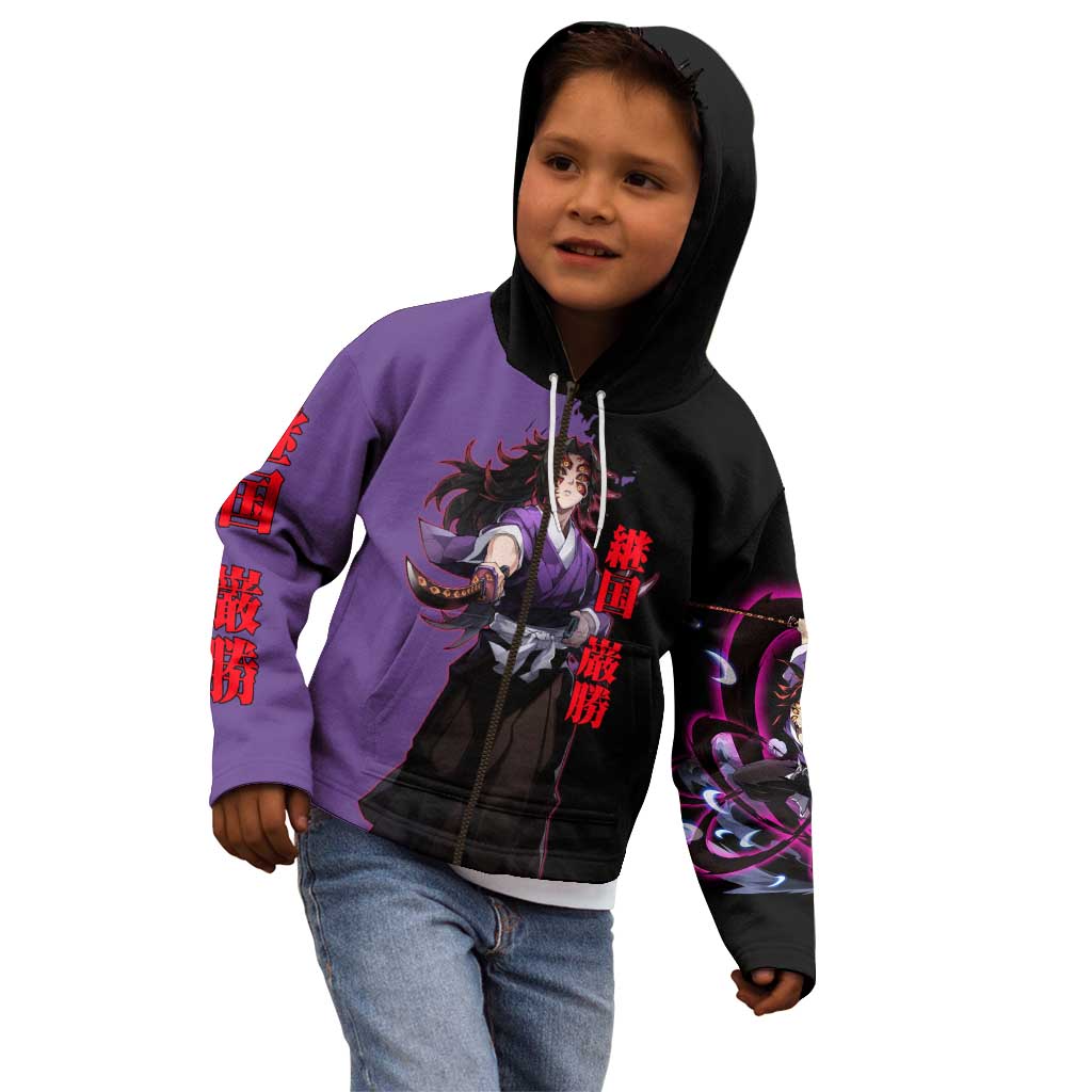 Kokushibo from Demon Slayer Kid Hoodie with Purple and Black Split Background and Sword Draw Manga Style Design - The Mazicc