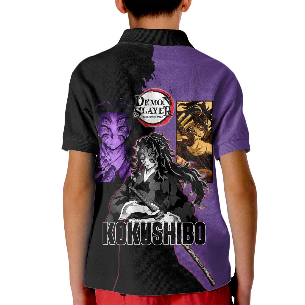Kokushibo from Demon Slayer Kid Polo Shirt with Purple and Black Split Background and Sword Draw Manga Style Design - The Mazicc