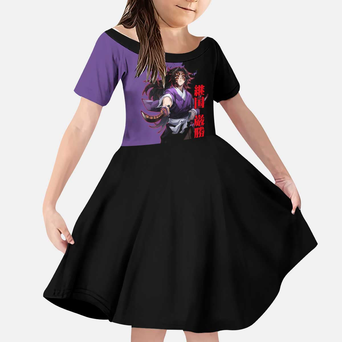Kokushibo from Demon Slayer Kid Short Sleeve Dress with Purple and Black Split Background and Sword Draw Manga Style Design - The Mazicc