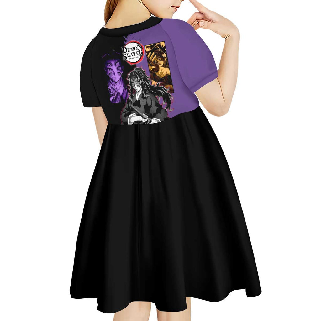 Kokushibo from Demon Slayer Kid Short Sleeve Dress with Purple and Black Split Background and Sword Draw Manga Style Design - The Mazicc