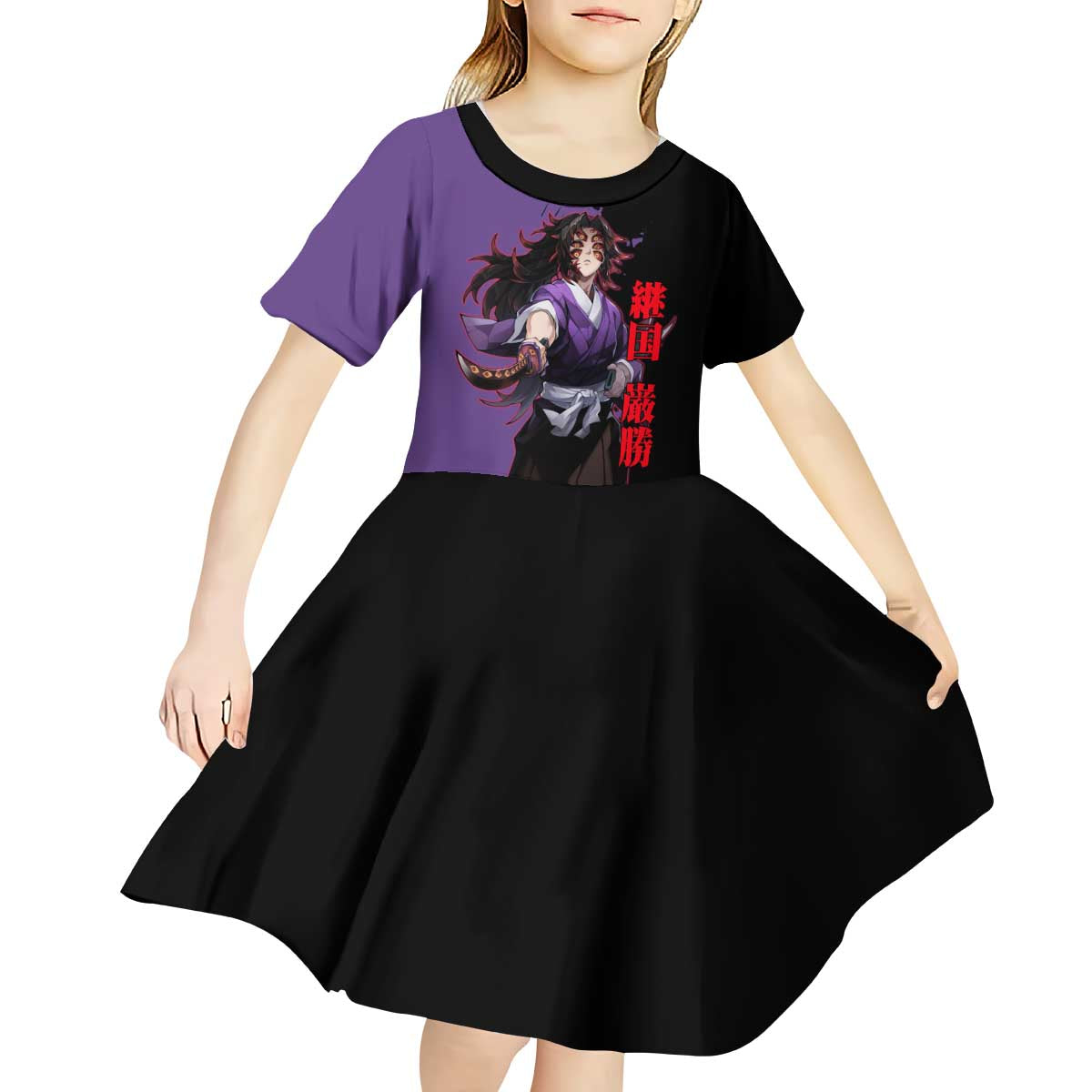 Kokushibo from Demon Slayer Kid Short Sleeve Dress with Purple and Black Split Background and Sword Draw Manga Style Design - The Mazicc