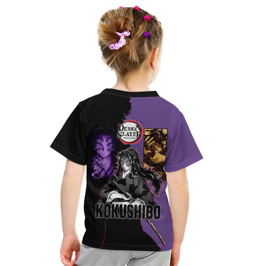 Kokushibo from Demon Slayer Kid T Shirt with Purple and Black Split Background and Sword Draw Manga Style Design - The Mazicc