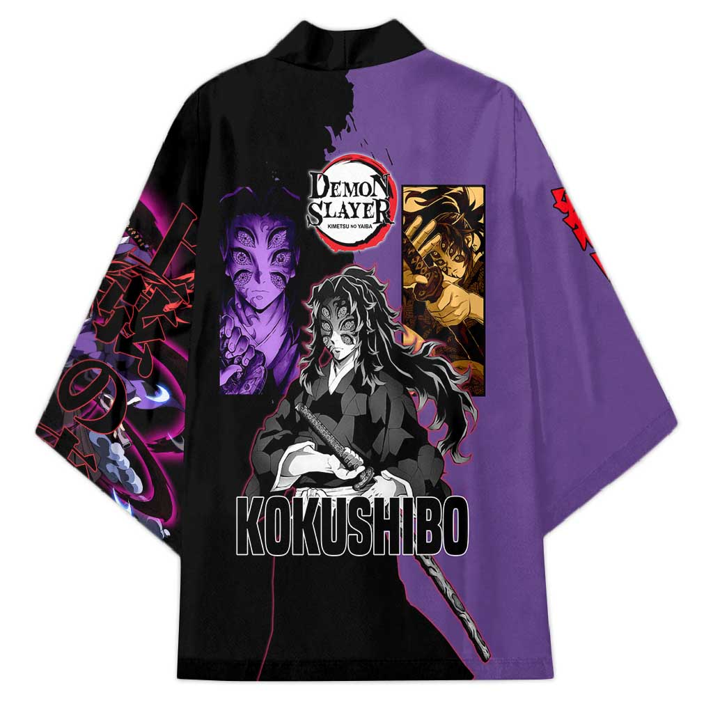 Kokushibo from Demon Slayer Kimono with Purple and Black Split Background and Sword Draw Manga Style Design - The Mazicc