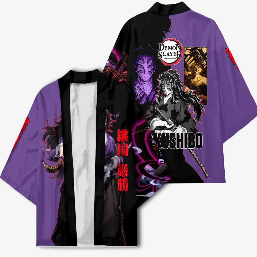 Kokushibo from Demon Slayer Kimono with Purple and Black Split Background and Sword Draw Manga Style Design - The Mazicc