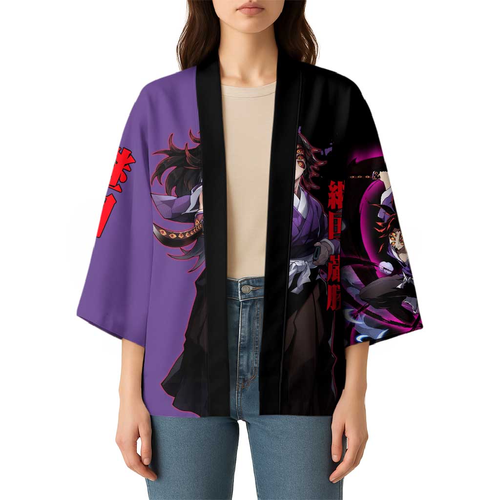 Kokushibo from Demon Slayer Kimono with Purple and Black Split Background and Sword Draw Manga Style Design - The Mazicc