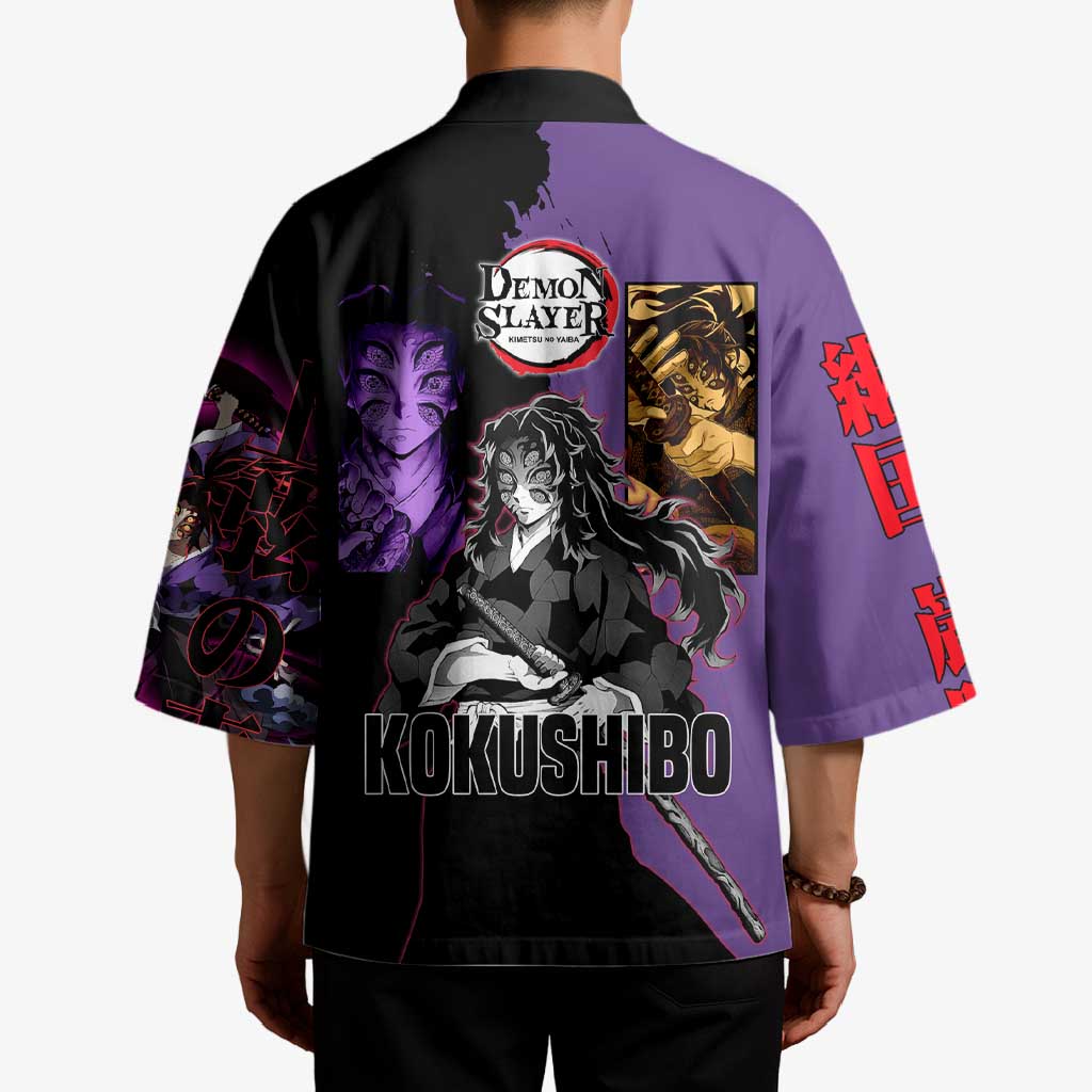 Kokushibo from Demon Slayer Kimono with Purple and Black Split Background and Sword Draw Manga Style Design - The Mazicc