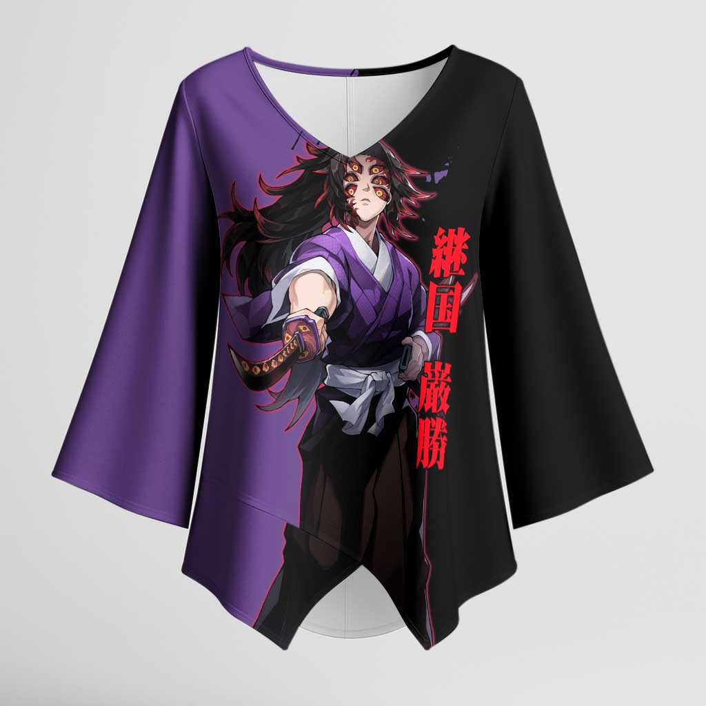 Kokushibo from Demon Slayer Kimono Sleeve Blouse with Purple and Black Split Background and Sword Draw Manga Style Design - The Mazicc