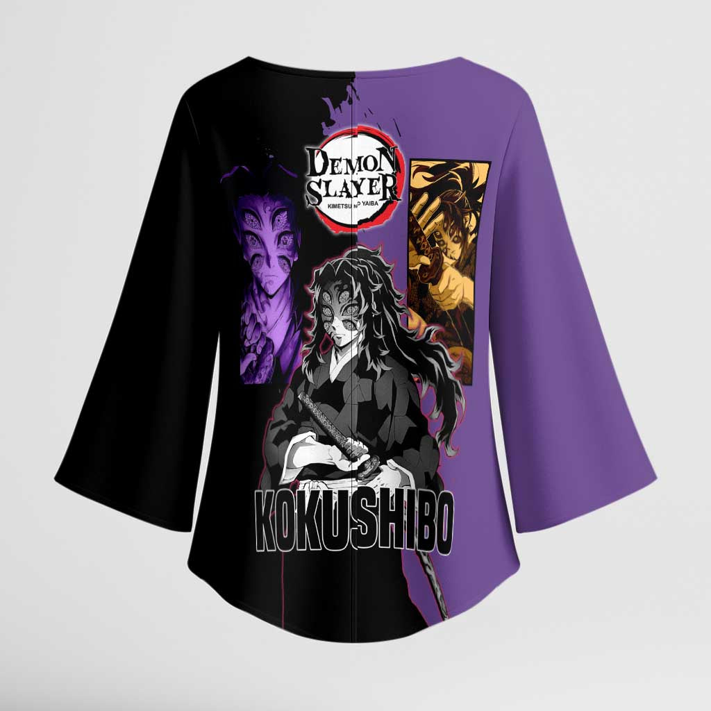 Kokushibo from Demon Slayer Kimono Sleeve Blouse with Purple and Black Split Background and Sword Draw Manga Style Design - The Mazicc