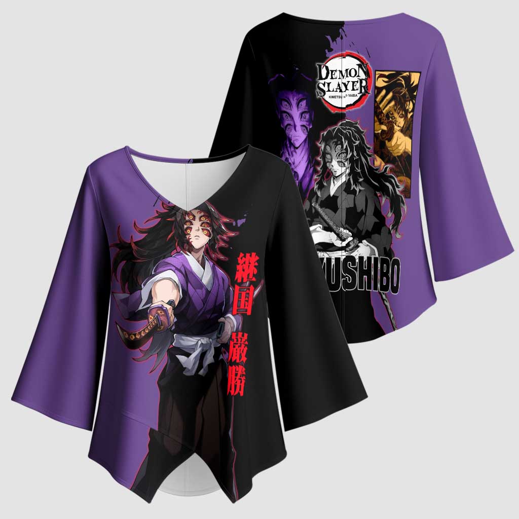 Kokushibo from Demon Slayer Kimono Sleeve Blouse with Purple and Black Split Background and Sword Draw Manga Style Design - The Mazicc