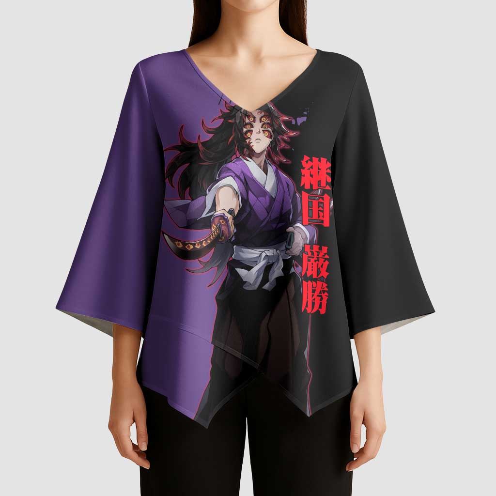 Kokushibo from Demon Slayer Kimono Sleeve Blouse with Purple and Black Split Background and Sword Draw Manga Style Design - The Mazicc