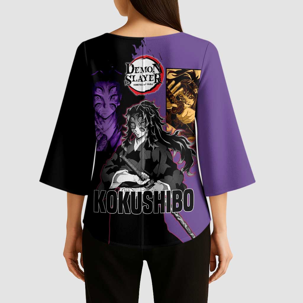 Kokushibo from Demon Slayer Kimono Sleeve Blouse with Purple and Black Split Background and Sword Draw Manga Style Design - The Mazicc