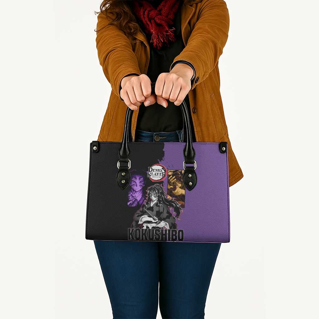 Kokushibo from Demon Slayer Leather Bag with Purple and Black Split Background and Sword Draw Manga Style Design - The Mazicc