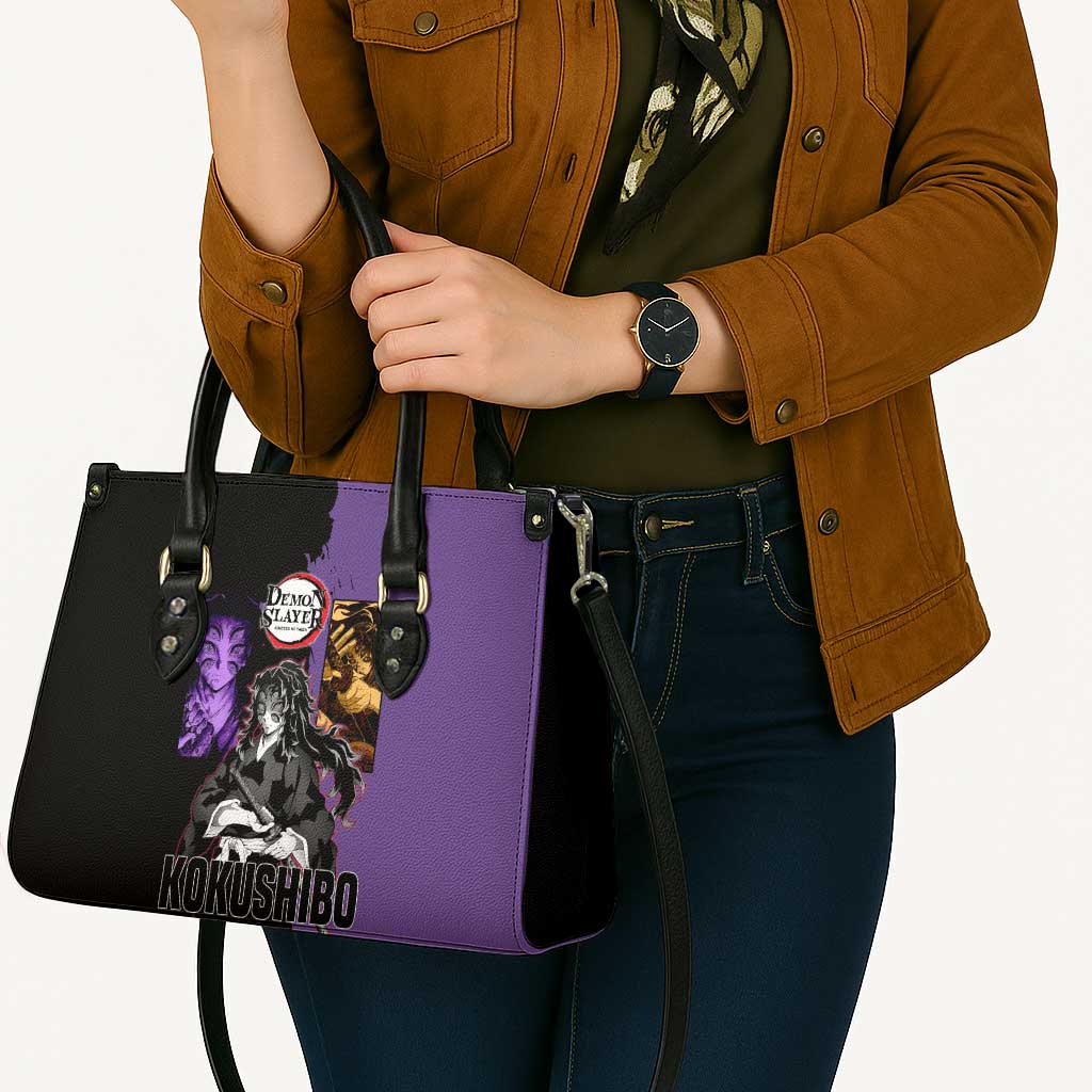 Kokushibo from Demon Slayer Leather Bag with Purple and Black Split Background and Sword Draw Manga Style Design - The Mazicc