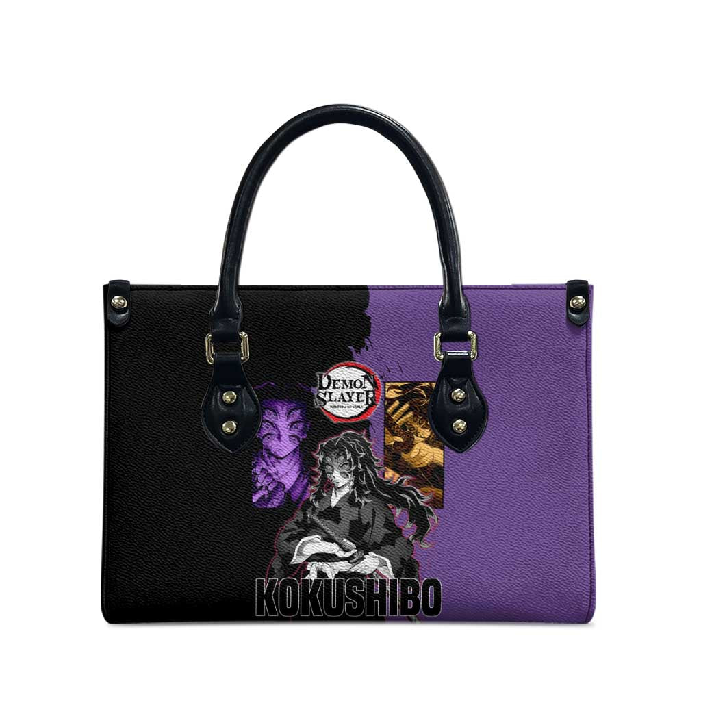 Kokushibo from Demon Slayer Leather Bag with Purple and Black Split Background and Sword Draw Manga Style Design - The Mazicc