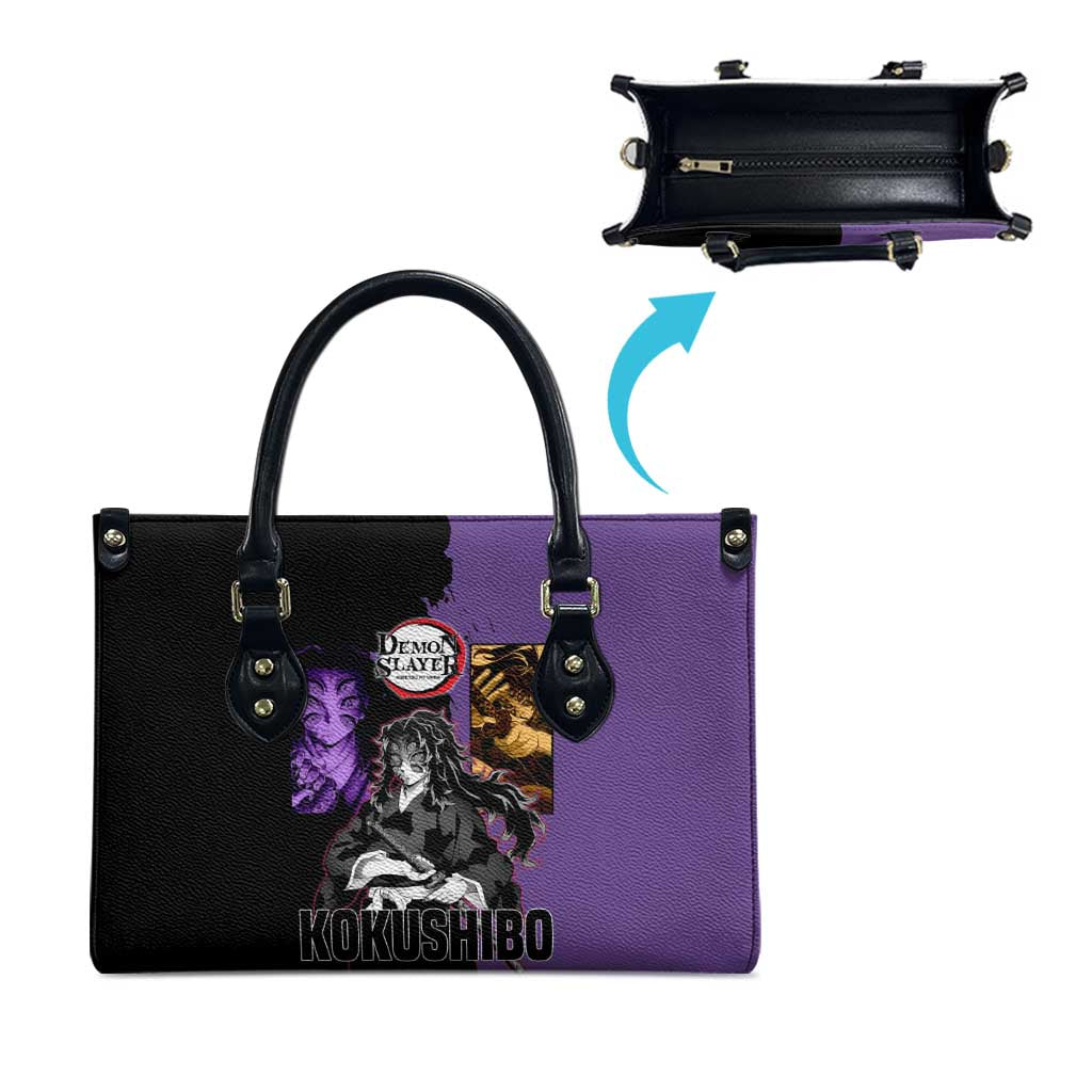 Kokushibo from Demon Slayer Leather Bag with Purple and Black Split Background and Sword Draw Manga Style Design - The Mazicc