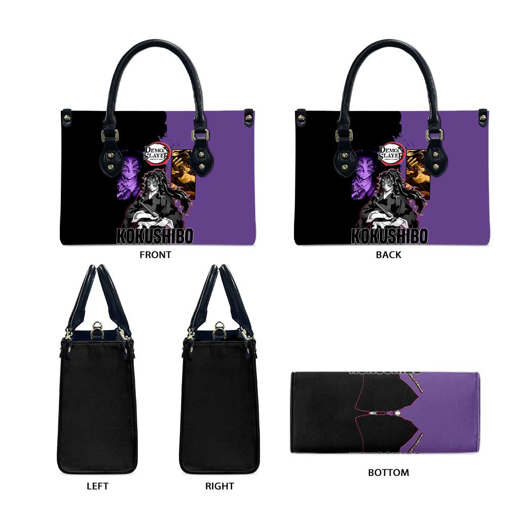 Kokushibo from Demon Slayer Leather Bag with Purple and Black Split Background and Sword Draw Manga Style Design - The Mazicc