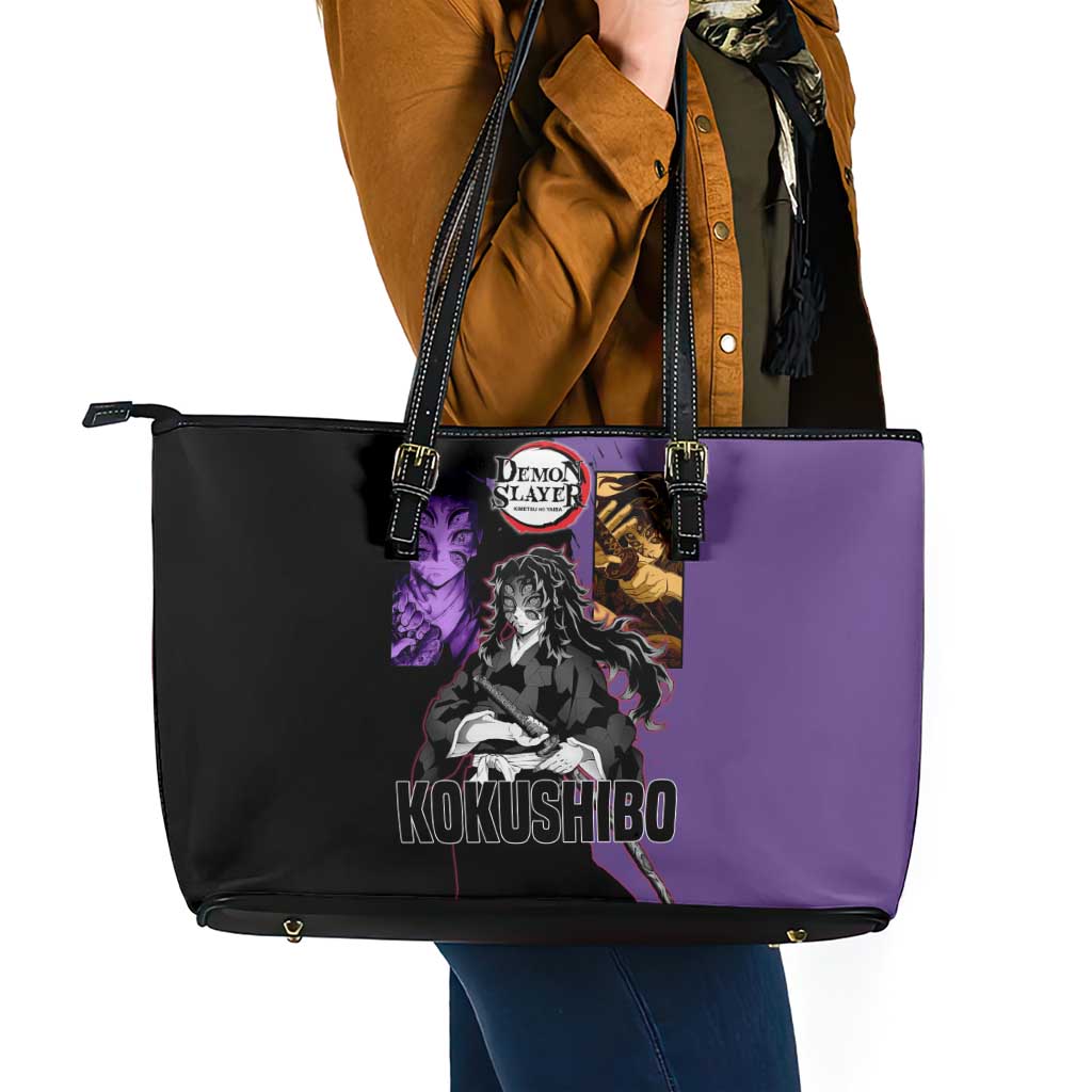 Kokushibo from Demon Slayer Leather Tote Bag with Purple and Black Split Background and Sword Draw Manga Style Design - The Mazicc