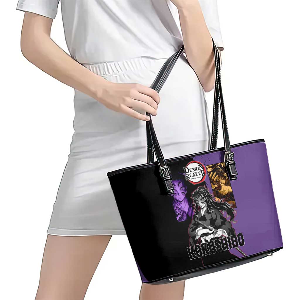 Kokushibo from Demon Slayer Leather Tote Bag with Purple and Black Split Background and Sword Draw Manga Style Design - The Mazicc