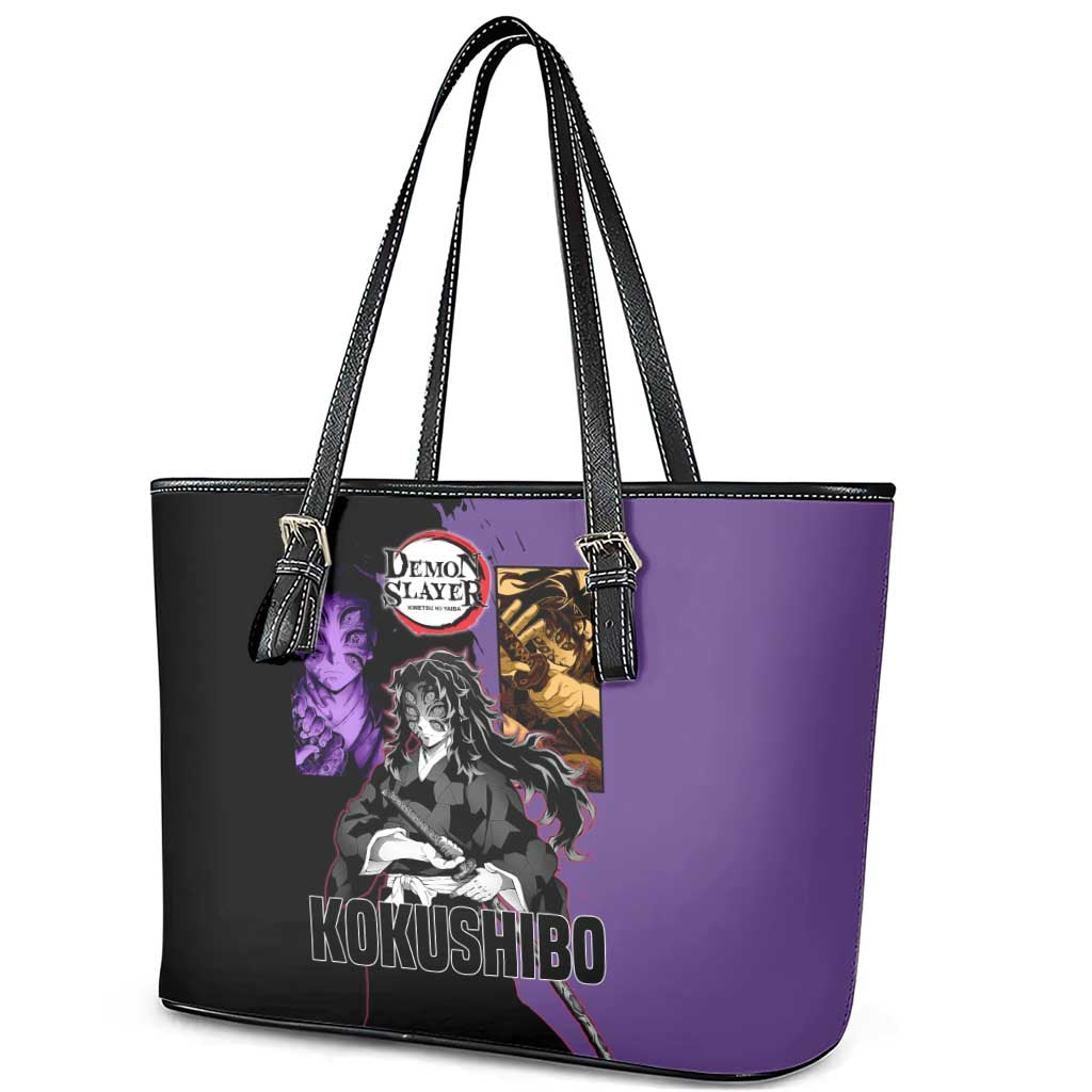 Kokushibo from Demon Slayer Leather Tote Bag with Purple and Black Split Background and Sword Draw Manga Style Design - The Mazicc