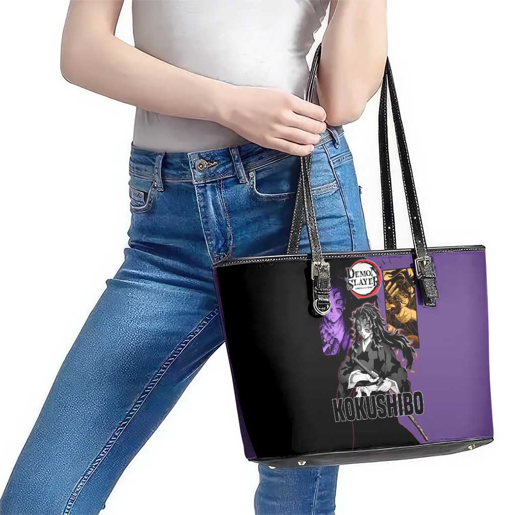Kokushibo from Demon Slayer Leather Tote Bag with Purple and Black Split Background and Sword Draw Manga Style Design - The Mazicc