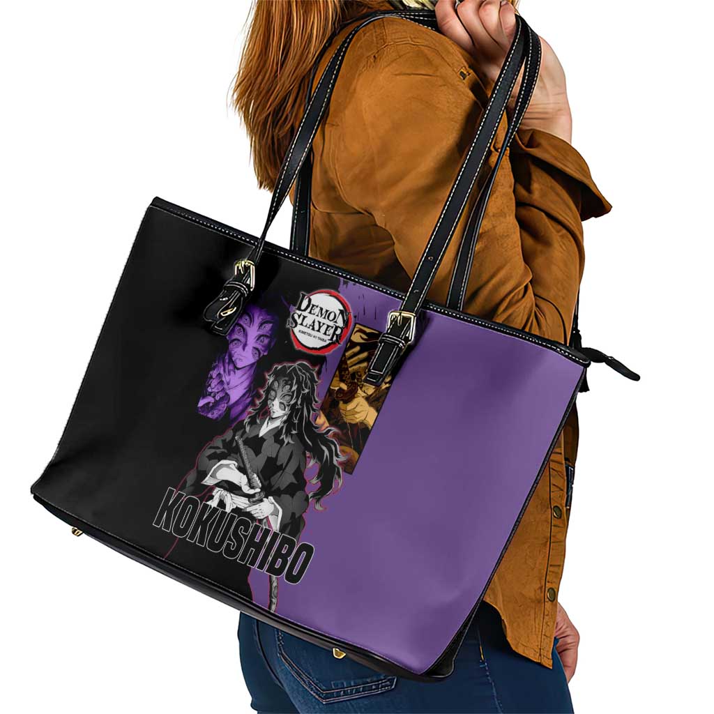 Kokushibo from Demon Slayer Leather Tote Bag with Purple and Black Split Background and Sword Draw Manga Style Design - The Mazicc