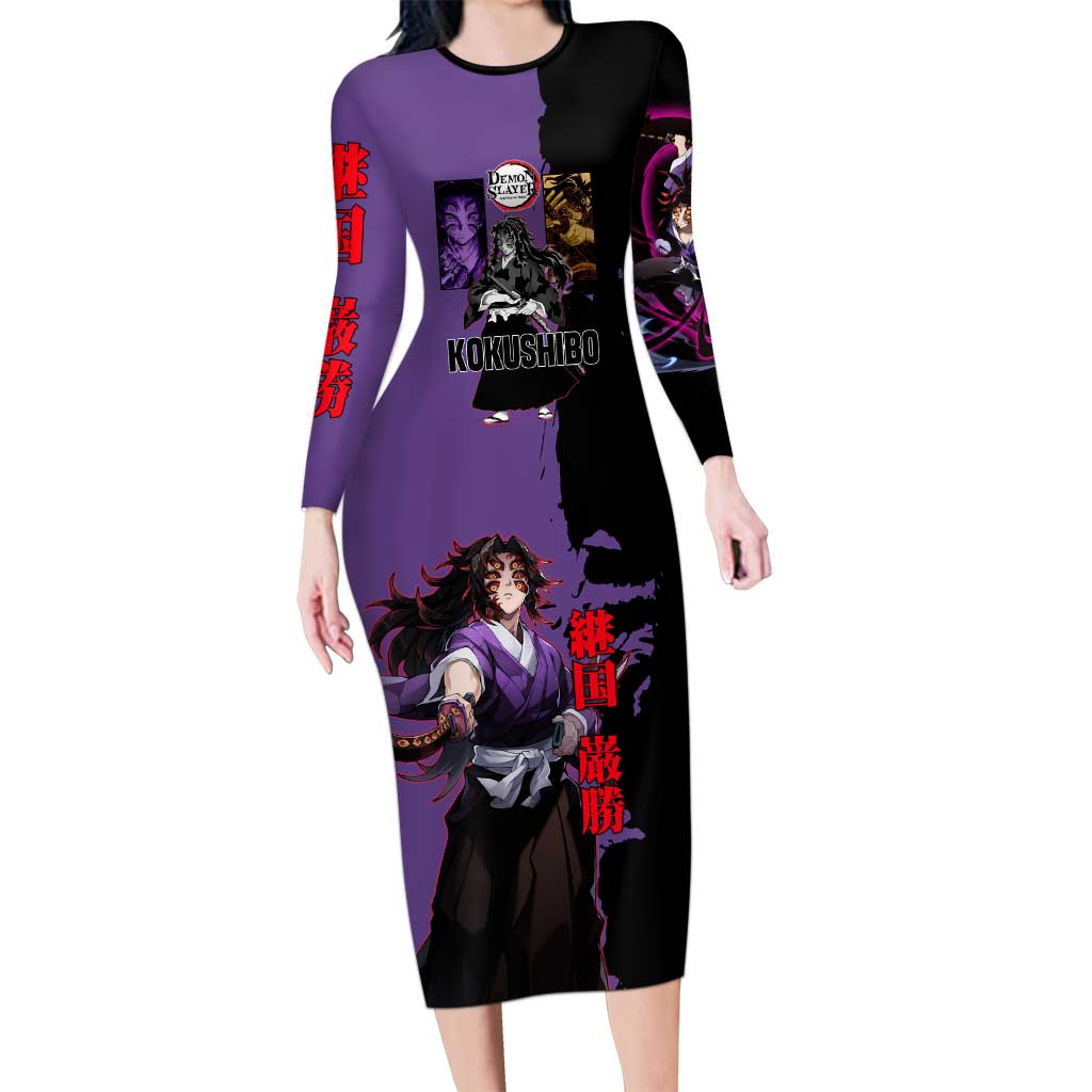 Kokushibo from Demon Slayer Long Sleeve Bodycon Dress with Purple and Black Split Background and Sword Draw Manga Style Design - The Mazicc