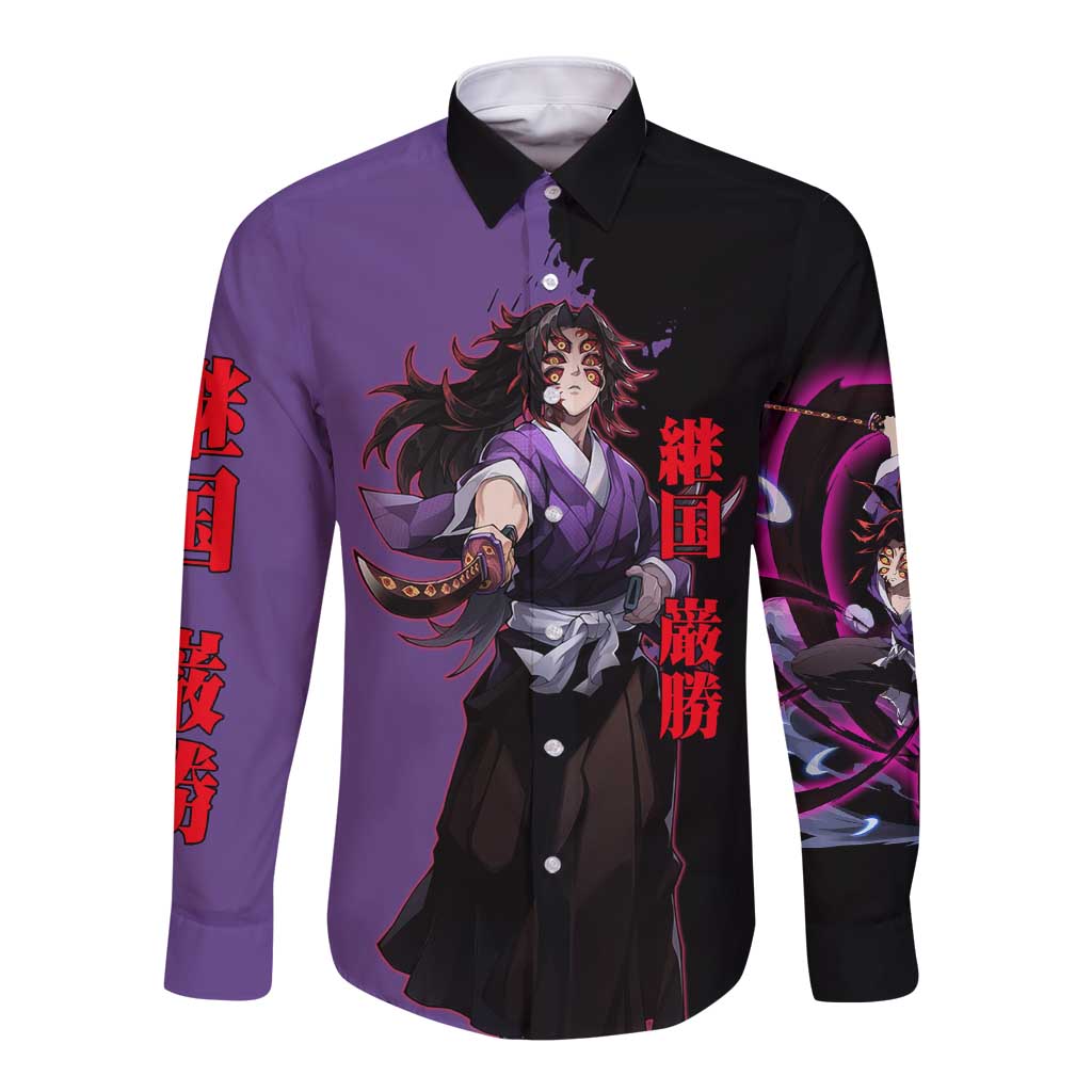 Kokushibo from Demon Slayer Long Sleeve Button Shirt with Purple and Black Split Background and Sword Draw Manga Style Design - The Mazicc