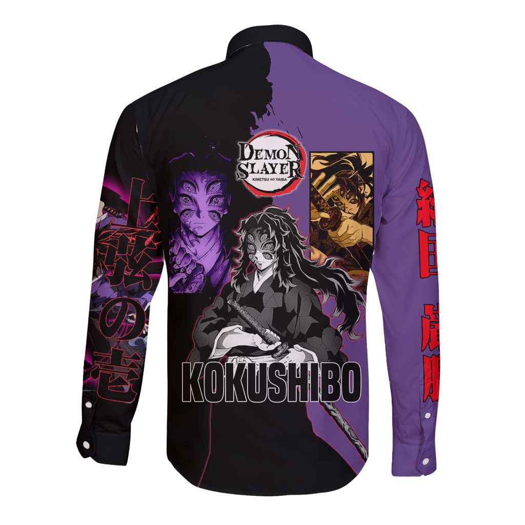 Kokushibo from Demon Slayer Long Sleeve Button Shirt with Purple and Black Split Background and Sword Draw Manga Style Design - The Mazicc