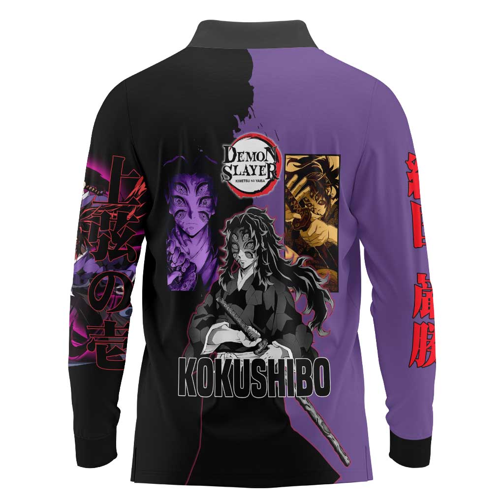 Kokushibo from Demon Slayer Long Sleeve Polo Shirt with Purple and Black Split Background and Sword Draw Manga Style Design - The Mazicc