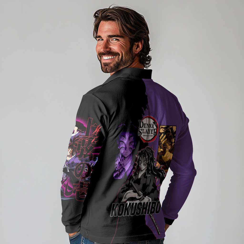 Kokushibo from Demon Slayer Long Sleeve Polo Shirt with Purple and Black Split Background and Sword Draw Manga Style Design - The Mazicc