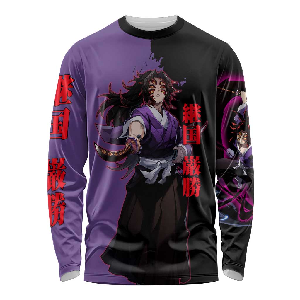 Kokushibo from Demon Slayer Long Sleeve Shirt with Purple and Black Split Background and Sword Draw Manga Style Design - The Mazicc